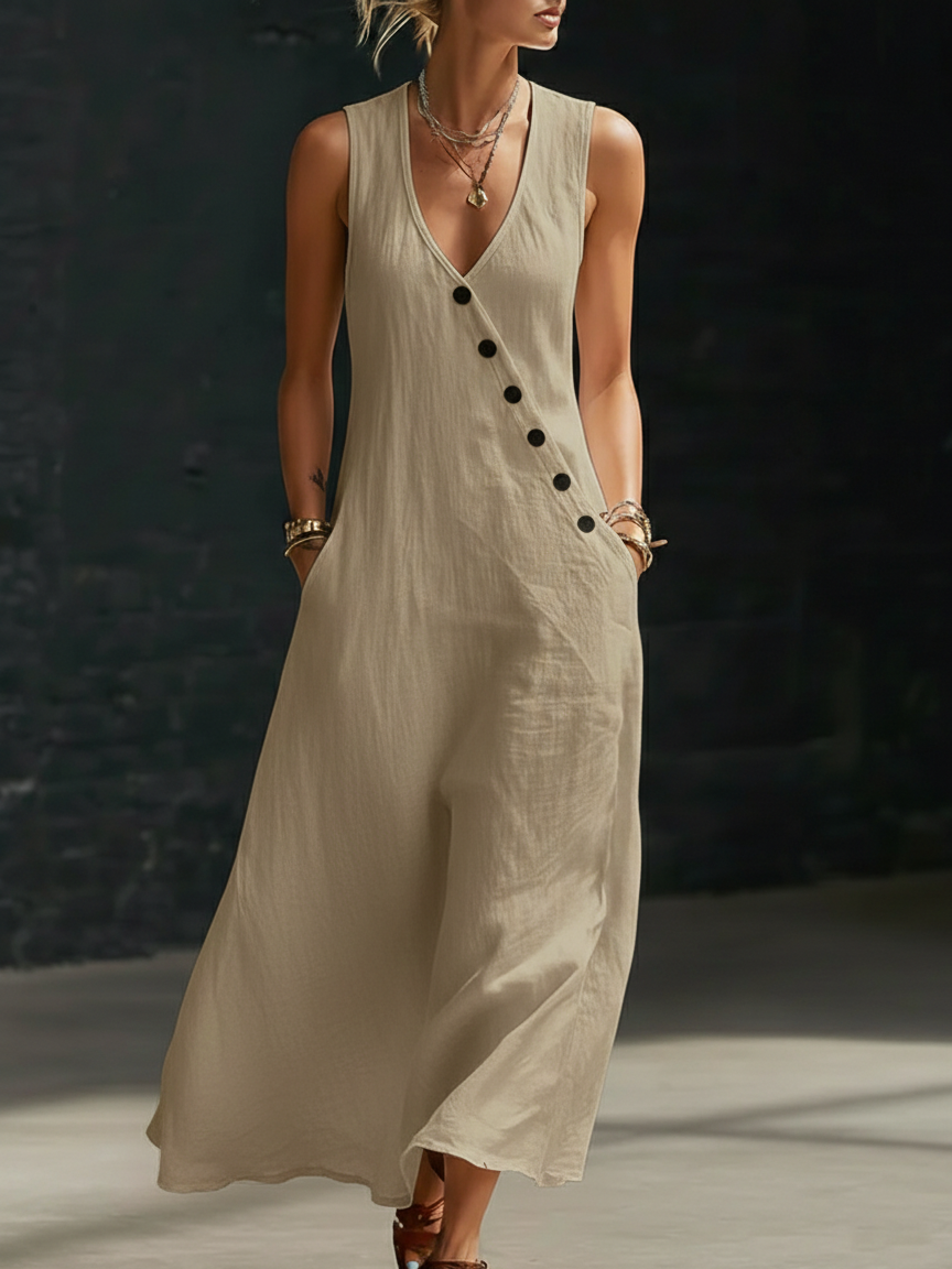 Vestido Maxi Mujer Minimalista con Botones – Estilo Elegante Fluido