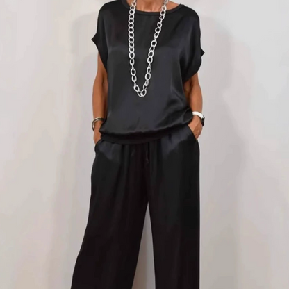 Nerea | Conjunto de top y pantalón palazzo en crema satinado
