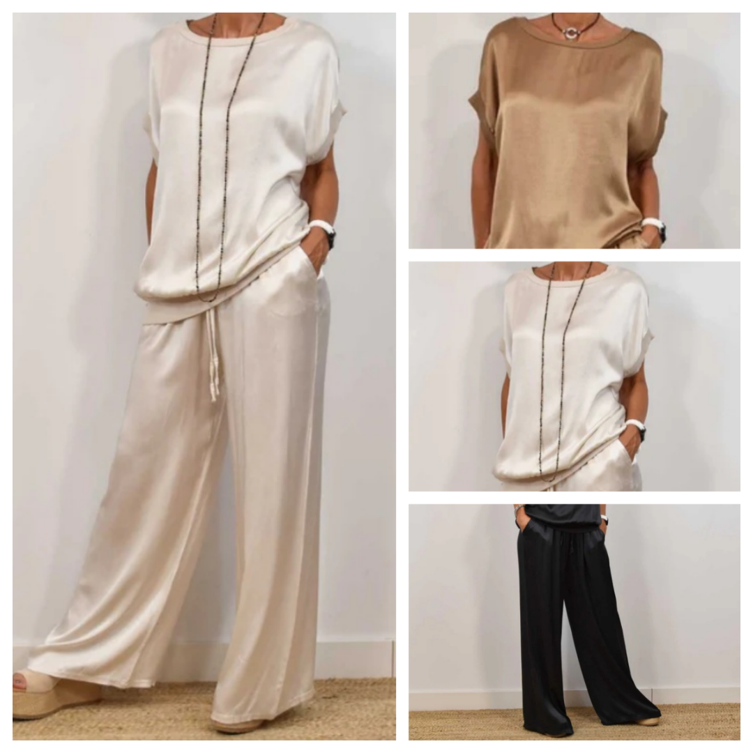 Nerea | Conjunto de top y pantalón palazzo en crema satinado