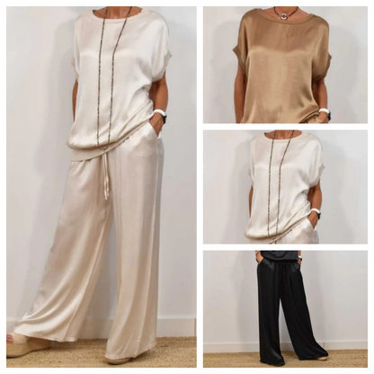 Nerea | Conjunto de top y pantalón palazzo en crema satinado
