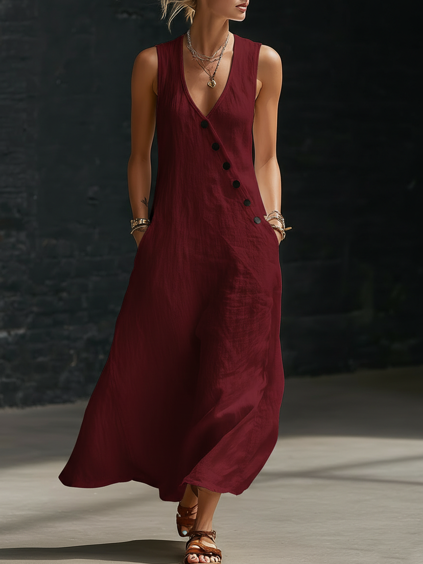 Vestido Maxi Mujer Minimalista con Botones – Estilo Elegante Fluido
