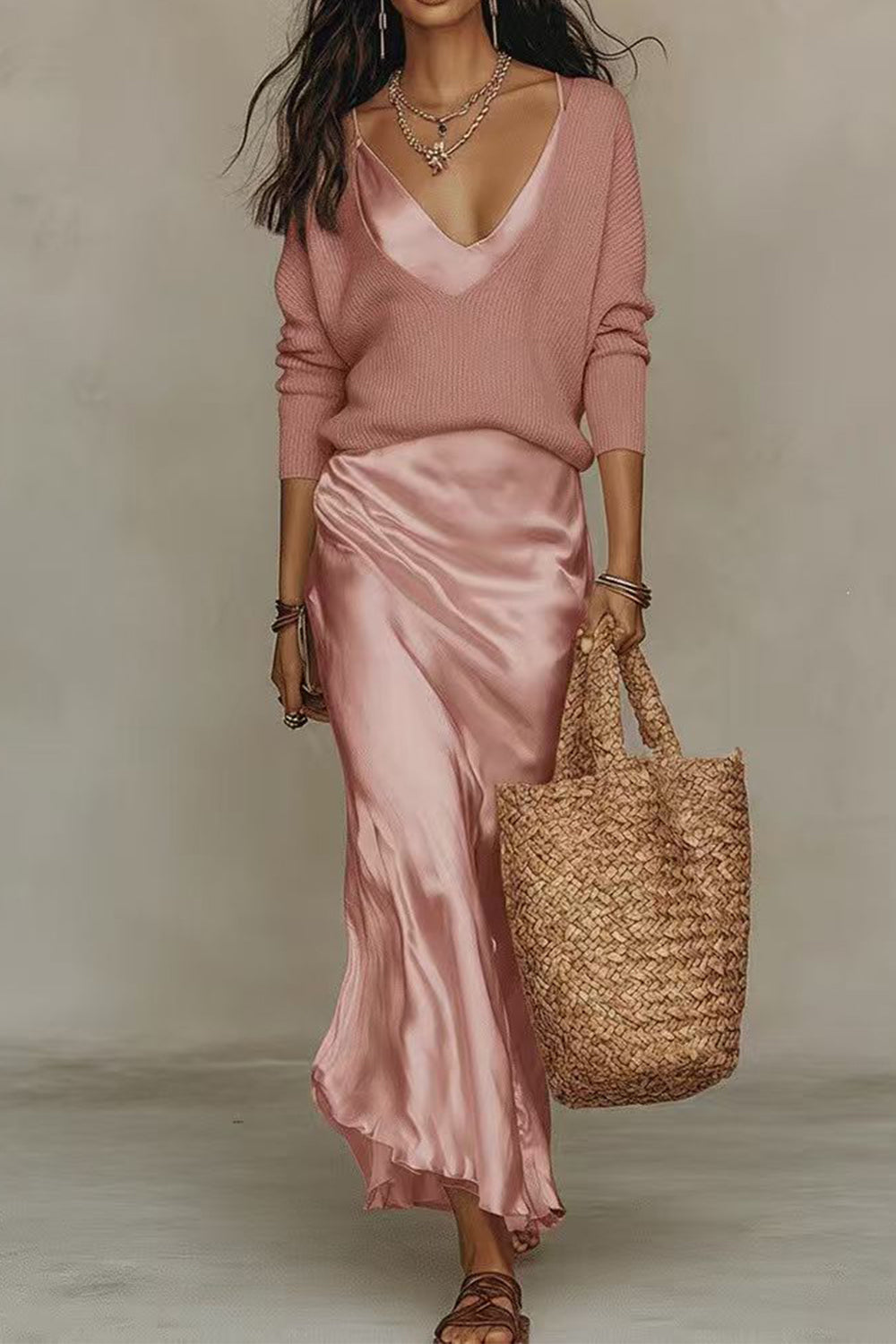 Jessa | Completo con maglione scollo a V e abito lungo in raso
