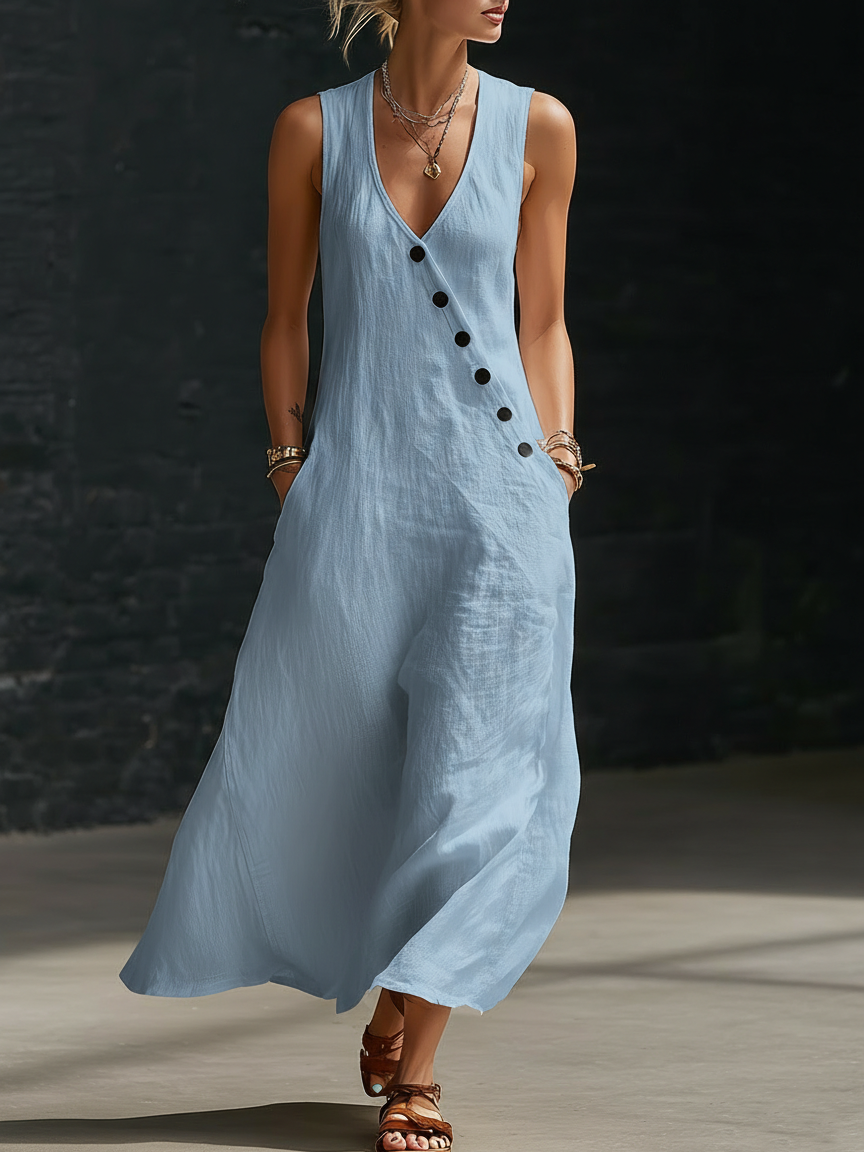Vestido Maxi Mujer Minimalista con Botones – Estilo Elegante Fluido