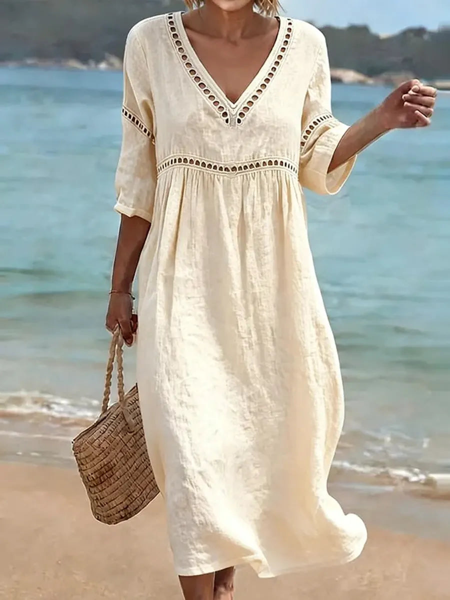Vestido mujer algodón cuello V fluido – casual verano elegante