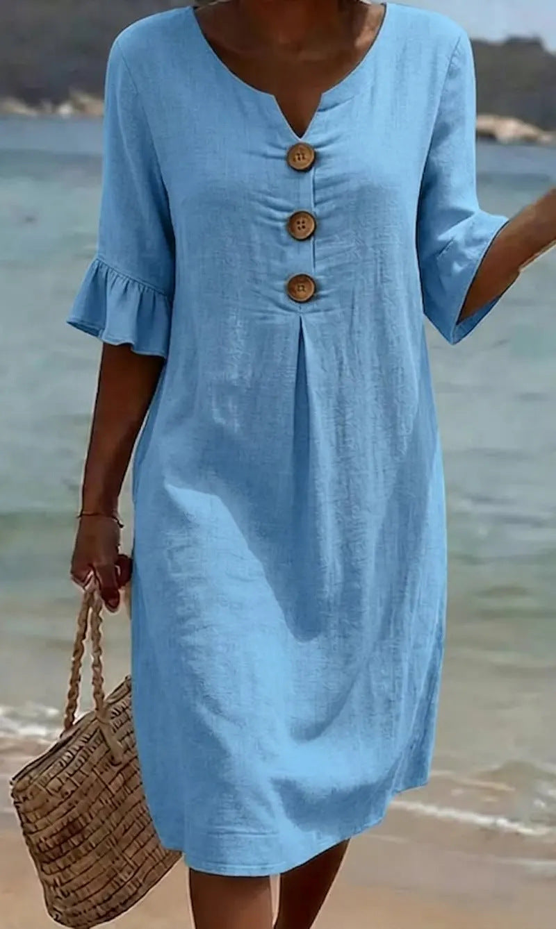 Vestido mujer algodón lino verano – vestido suelto con botones