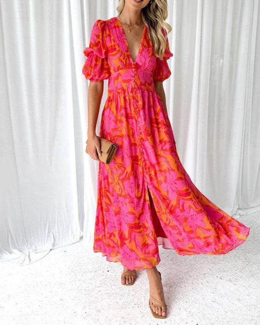 Vestido largo mujer floral escote V – vestido fluido elegante verano