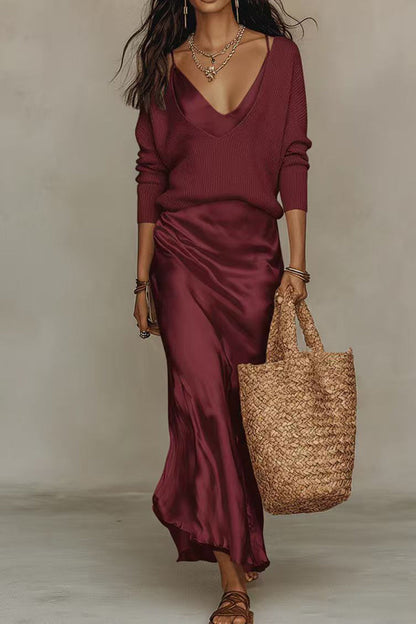 Jessa | Completo con maglione scollo a V e abito lungo in raso