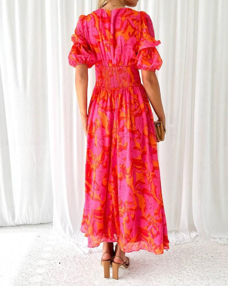 Vestido largo mujer floral escote V – vestido fluido elegante verano