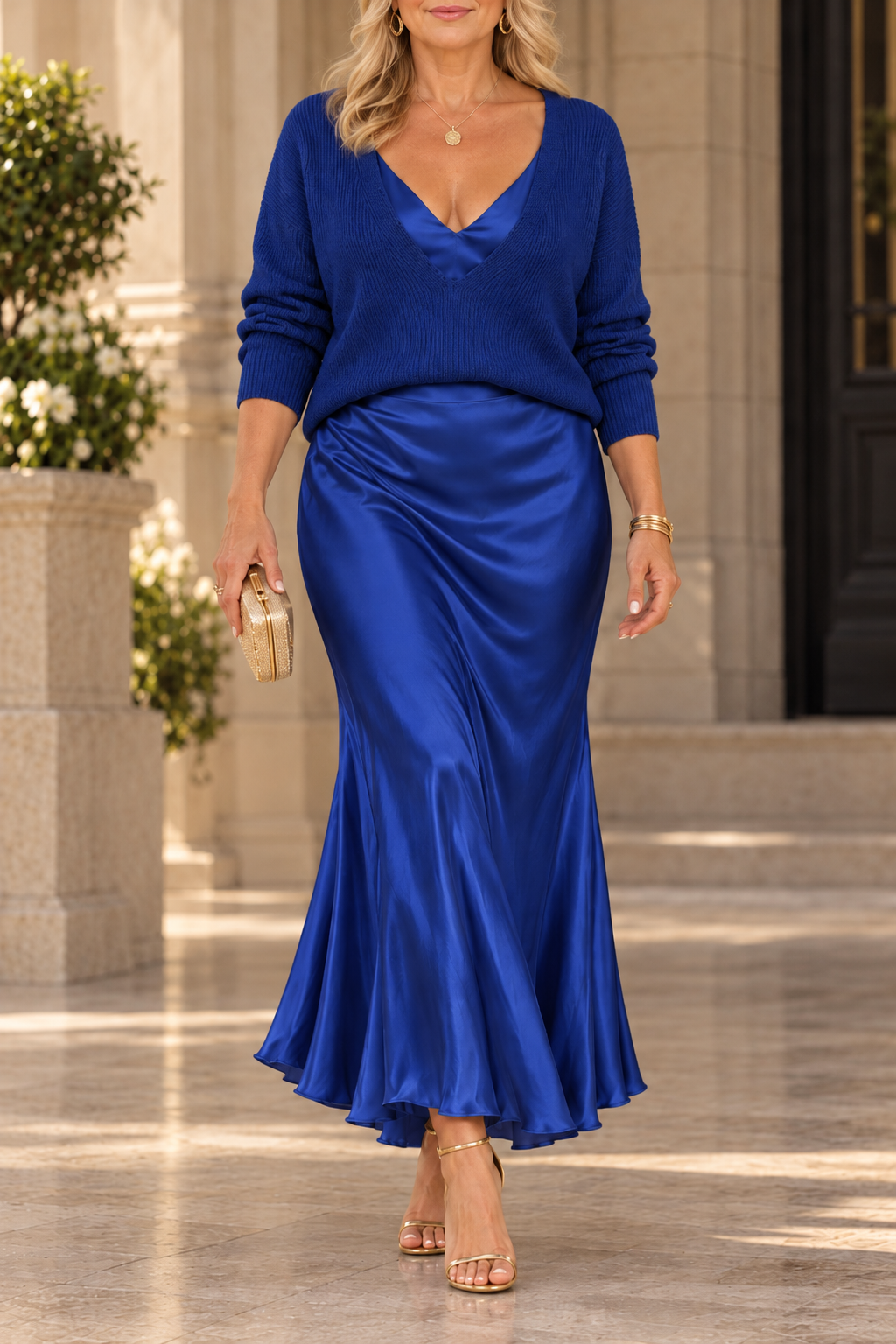 Jessa | Completo con maglione scollo a V e abito lungo in raso