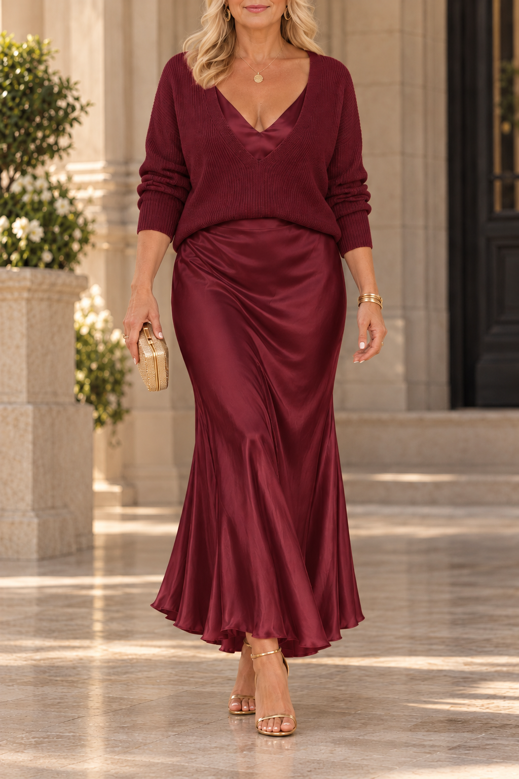 Jessa | Completo con maglione scollo a V e abito lungo in raso