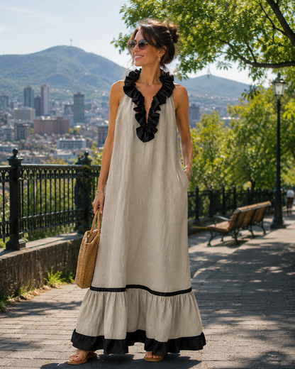 Vestido largo de mujer con volantes y cuello halter