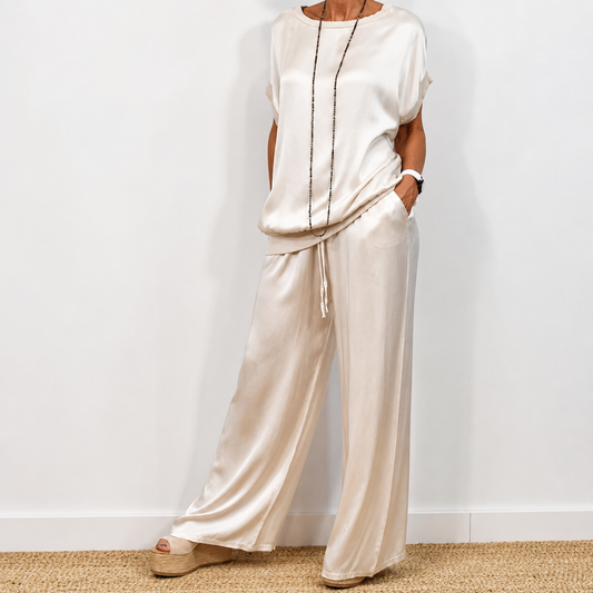 Nerea | Conjunto de top y pantalón palazzo en crema satinado