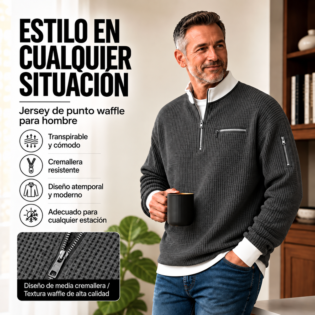 Jersey de hombre | Jersey de punto tipo waffle con cremallera de media abertura