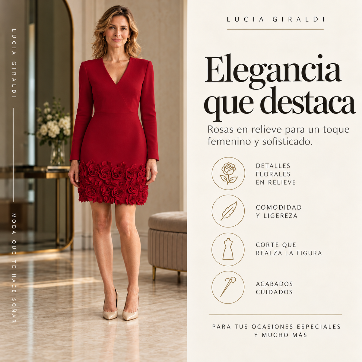 Victoria | Vestido elegante con rosas en relieve