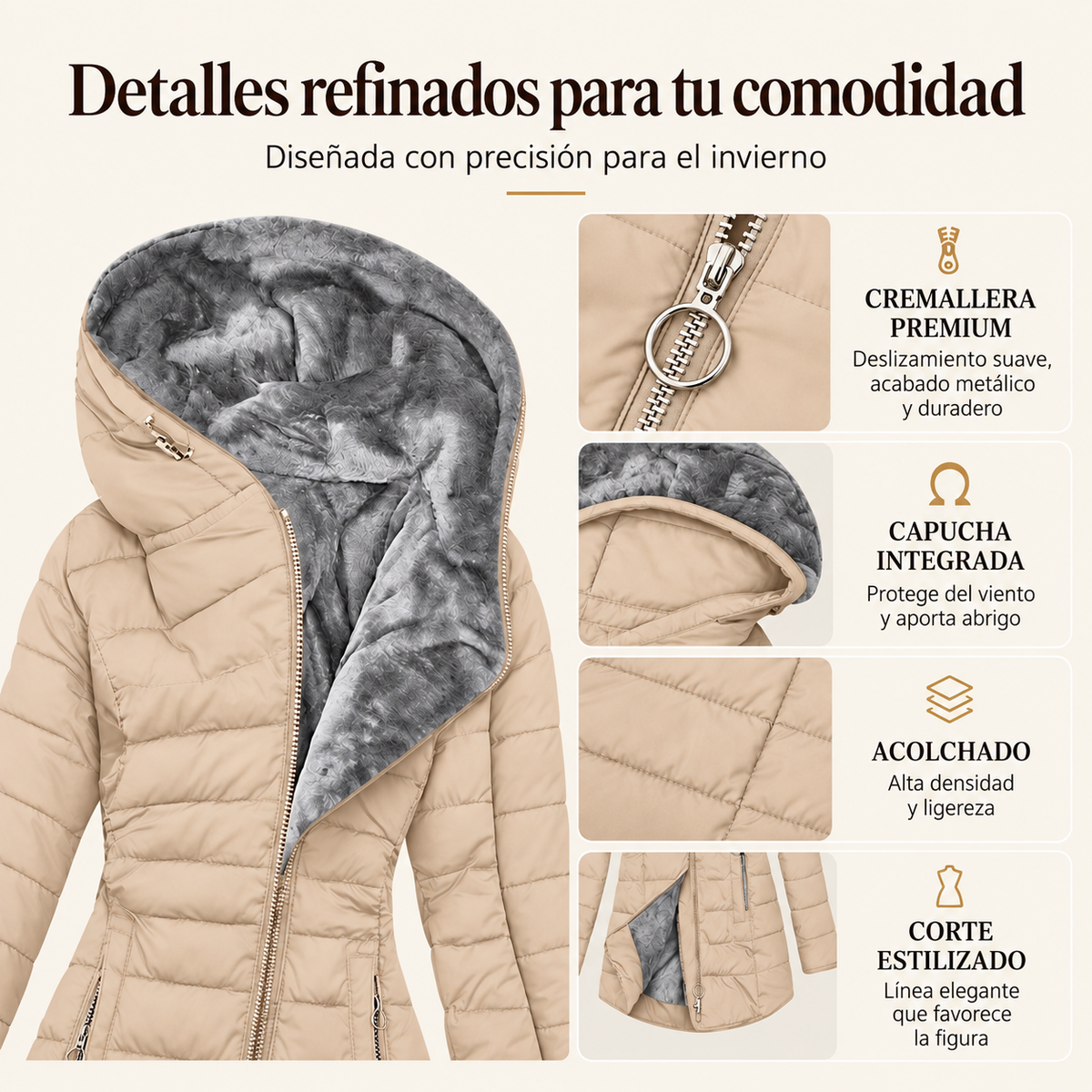 Abrigo de invierno para mujer con capucha y aislamiento térmico