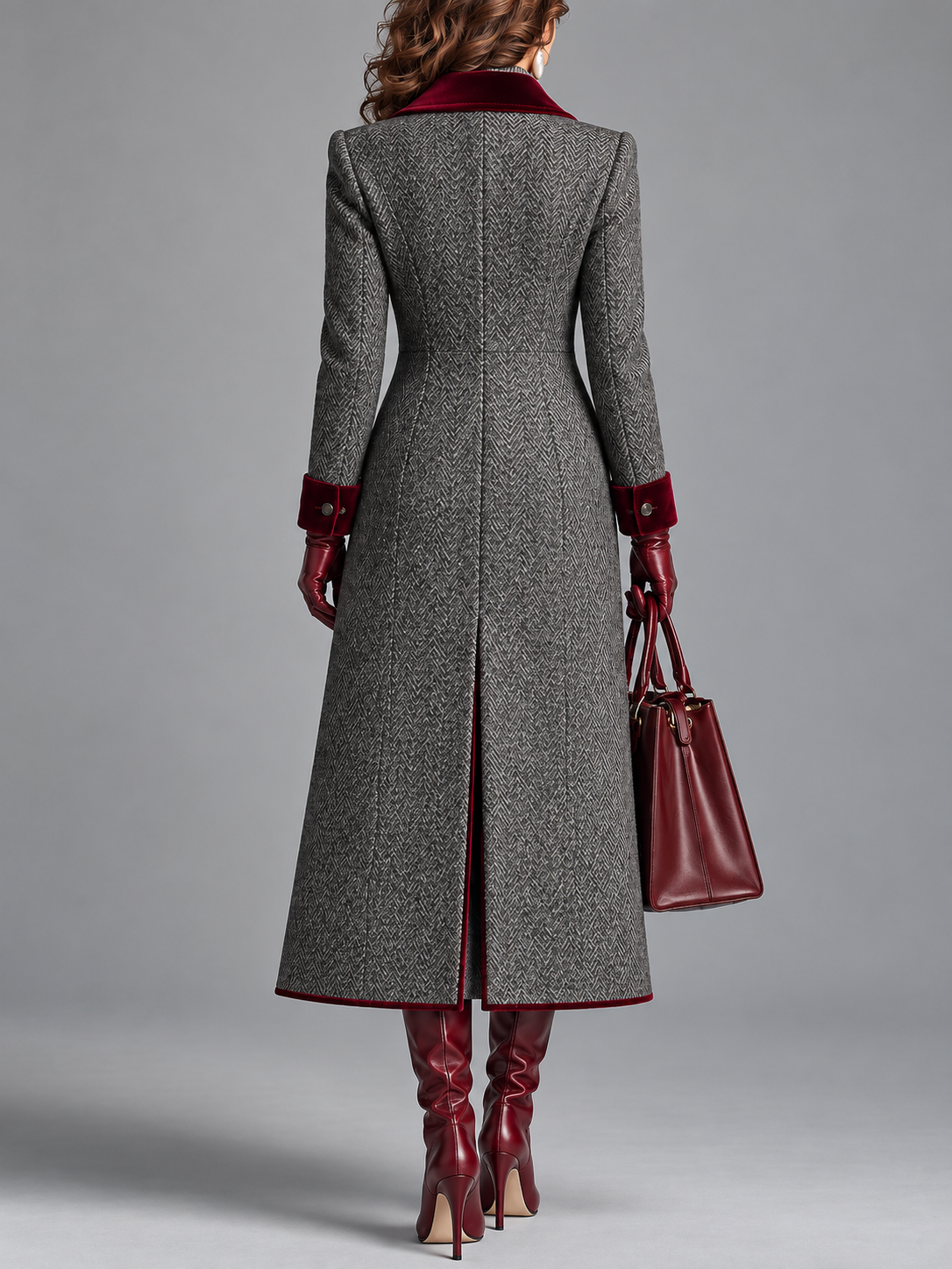 Elegante cappotto lungo in lana a spina di pesce con dettagli in velluto bordeaux