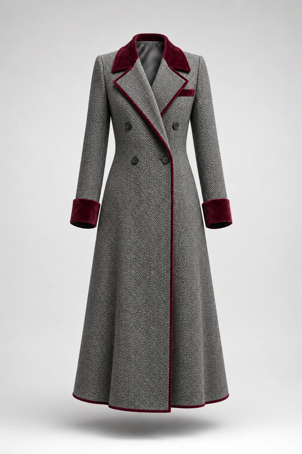 Elegante cappotto lungo in lana a spina di pesce con dettagli in velluto bordeaux