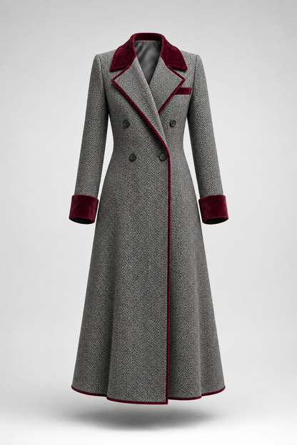 Elegante cappotto lungo in lana a spina di pesce con dettagli in velluto bordeaux