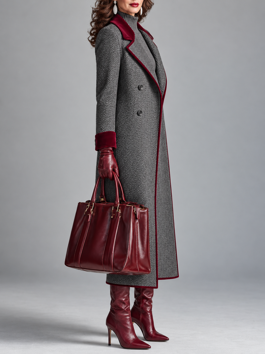 Elegante cappotto lungo in lana a spina di pesce con dettagli in velluto bordeaux