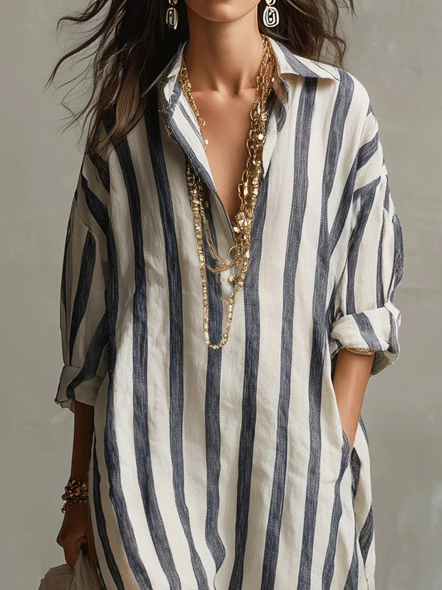 Vestido Camisero Largo Mujer – Diseño Rayado con Corte Fluido y Estilo Relajado