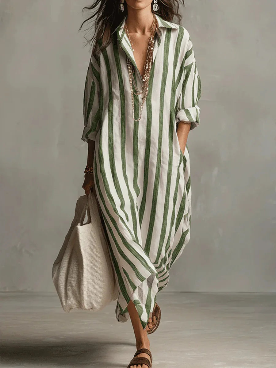 Vestido Camisero Largo Mujer – Diseño Rayado con Corte Fluido y Estilo Relajado