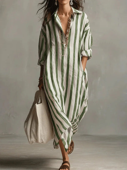 Vestido Camisero Largo Mujer – Diseño Rayado con Corte Fluido y Estilo Relajado