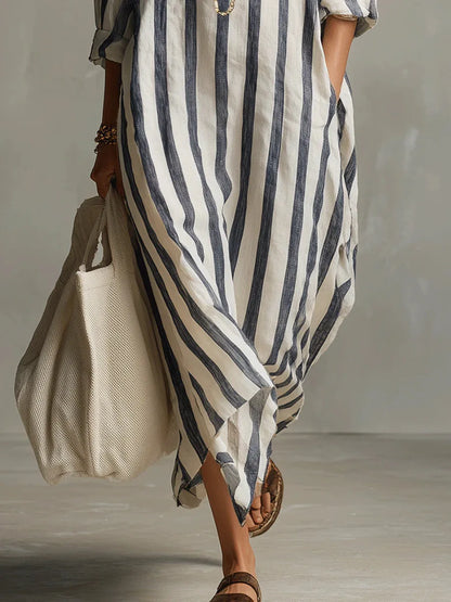 Vestido Camisero Largo Mujer – Diseño Rayado con Corte Fluido y Estilo Relajado