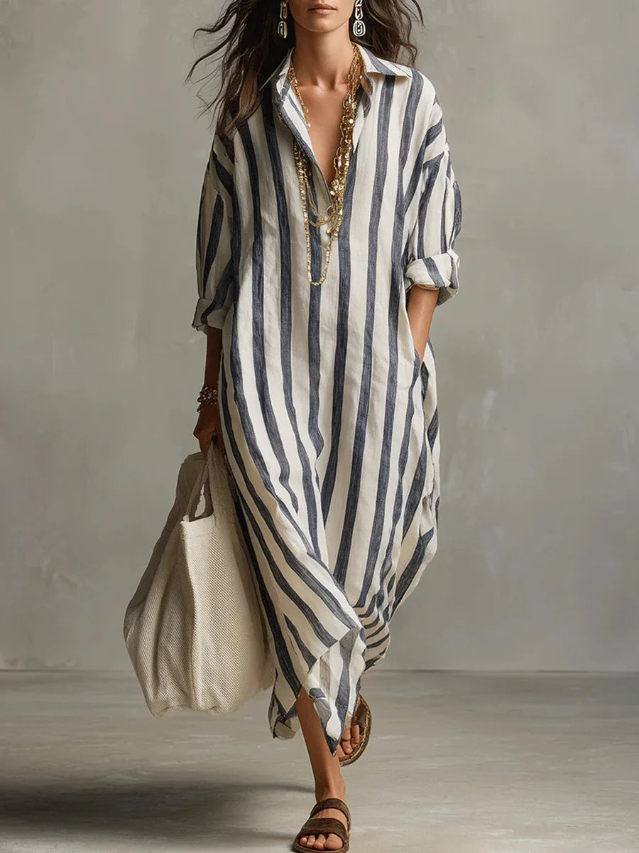 Vestido Camisero Largo Mujer – Diseño Rayado con Corte Fluido y Estilo Relajado