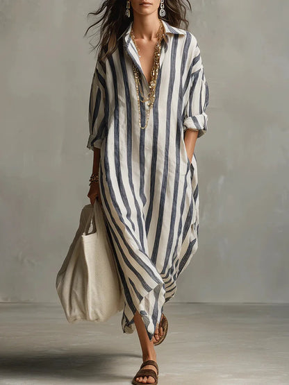 Vestido Camisero Largo Mujer – Diseño Rayado con Corte Fluido y Estilo Relajado
