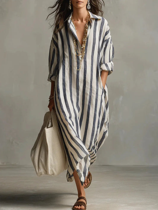 Vestido Camisero Largo Mujer – Diseño Rayado con Corte Fluido y Estilo Relajado