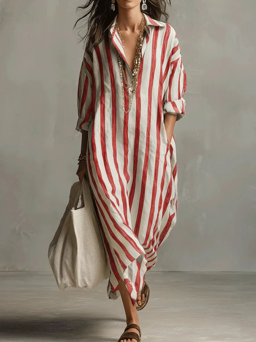 Vestido Camisero Largo Mujer – Diseño Rayado con Corte Fluido y Estilo Relajado