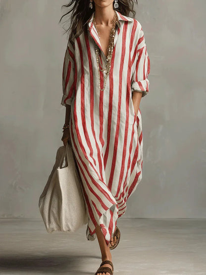 Vestido Camisero Largo Mujer – Diseño Rayado con Corte Fluido y Estilo Relajado