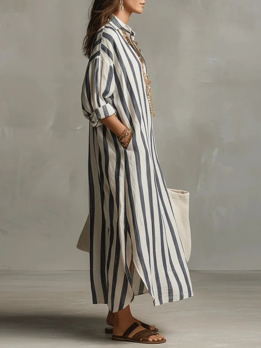 Vestido Camisero Largo Mujer – Diseño Rayado con Corte Fluido y Estilo Relajado