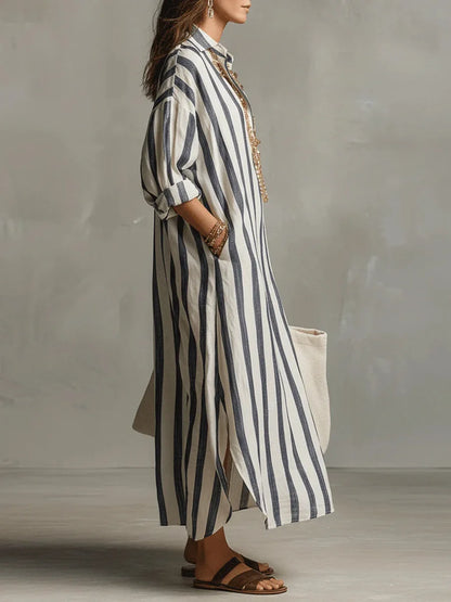Vestido Camisero Largo Mujer – Diseño Rayado con Corte Fluido y Estilo Relajado
