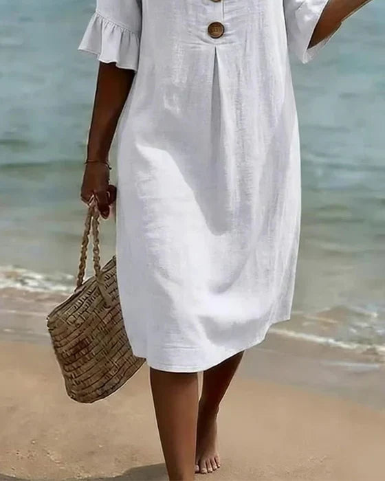 Vestido mujer algodón lino verano – vestido suelto con botones