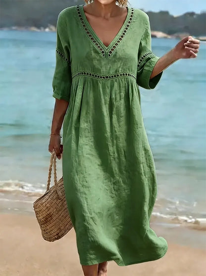 Vestido mujer algodón cuello V fluido – casual verano elegante