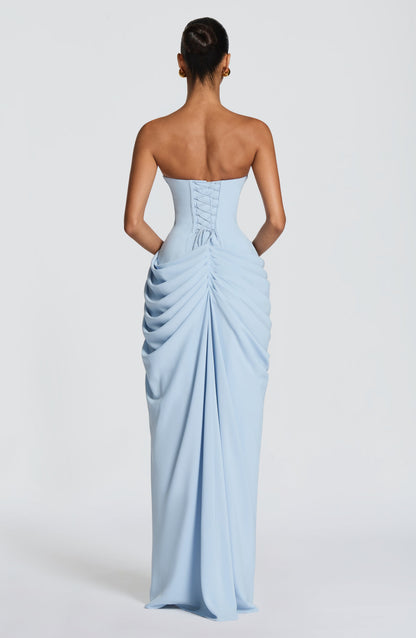 Valentina | Vestido maxi sin tirantes con corset y drapeado asimétrico