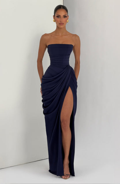 Valentina | Vestido maxi sin tirantes con corset y drapeado asimétrico