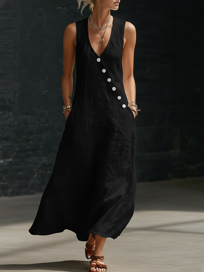 Vestido Maxi Mujer Minimalista con Botones – Estilo Elegante Fluido
