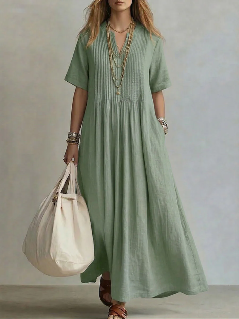Vestido Maxi de Algodón para Mujer – Corte Fluido con Escote en V