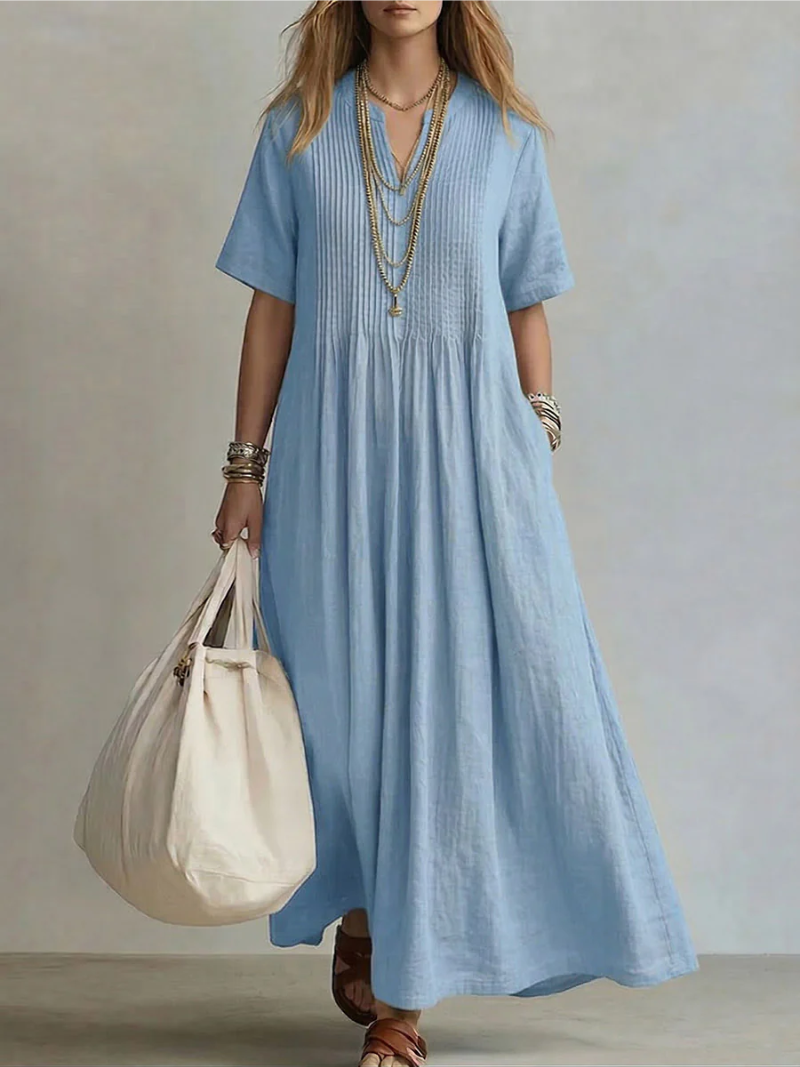 Vestido Maxi de Algodón para Mujer – Corte Fluido con Escote en V