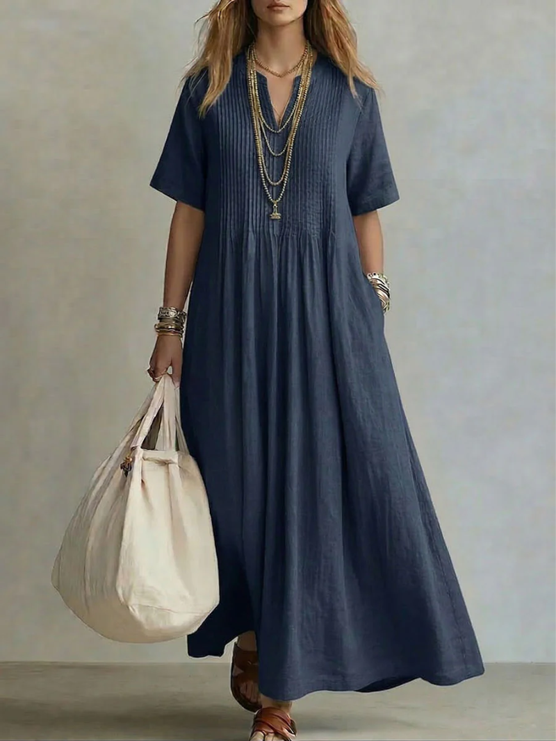 Vestido Maxi de Algodón para Mujer – Corte Fluido con Escote en V