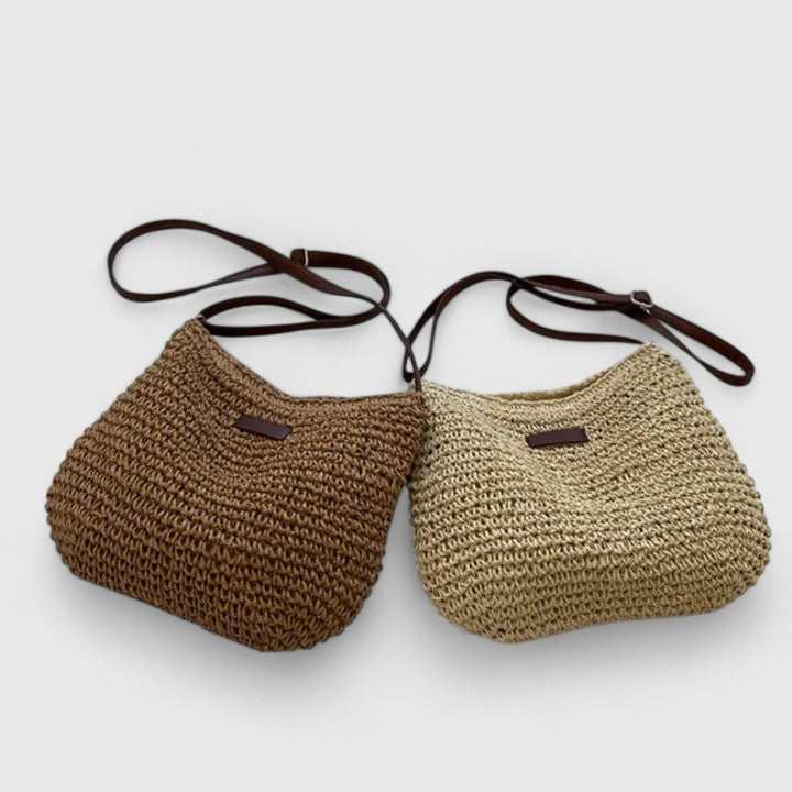 Bolso bandolera mujer rafia trenzada media luna cuero boho natural