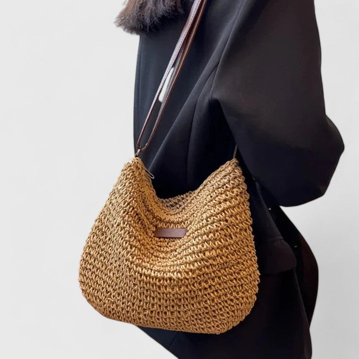 Bolso bandolera mujer rafia trenzada media luna cuero boho natural