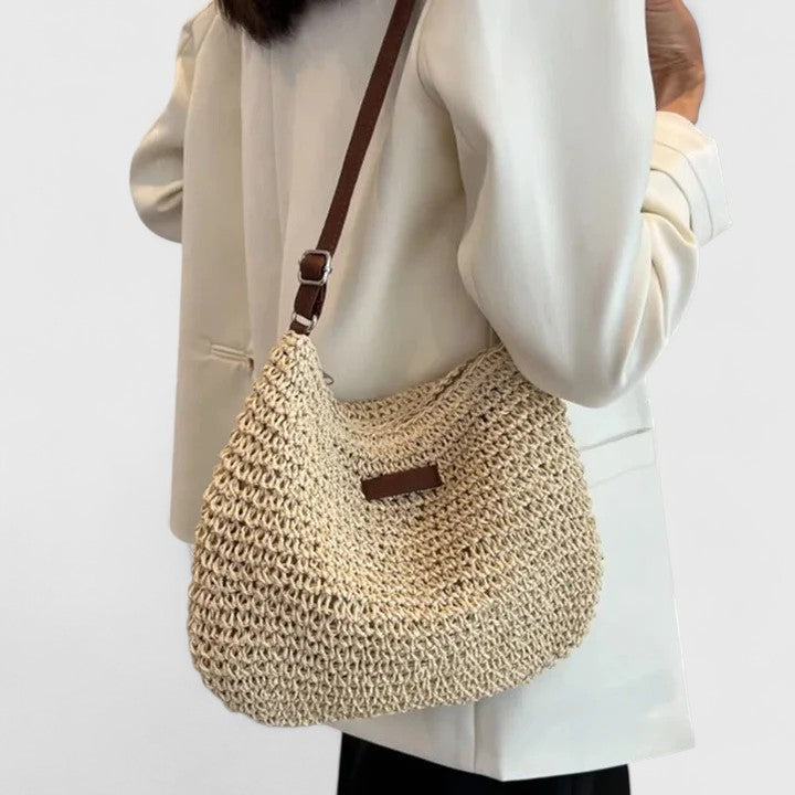 Bolso bandolera mujer rafia trenzada media luna cuero boho natural