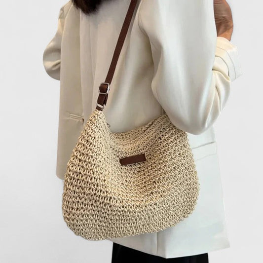 Borsa a tracolla donna in rafia intrecciata a mezzaluna pelle boho naturale