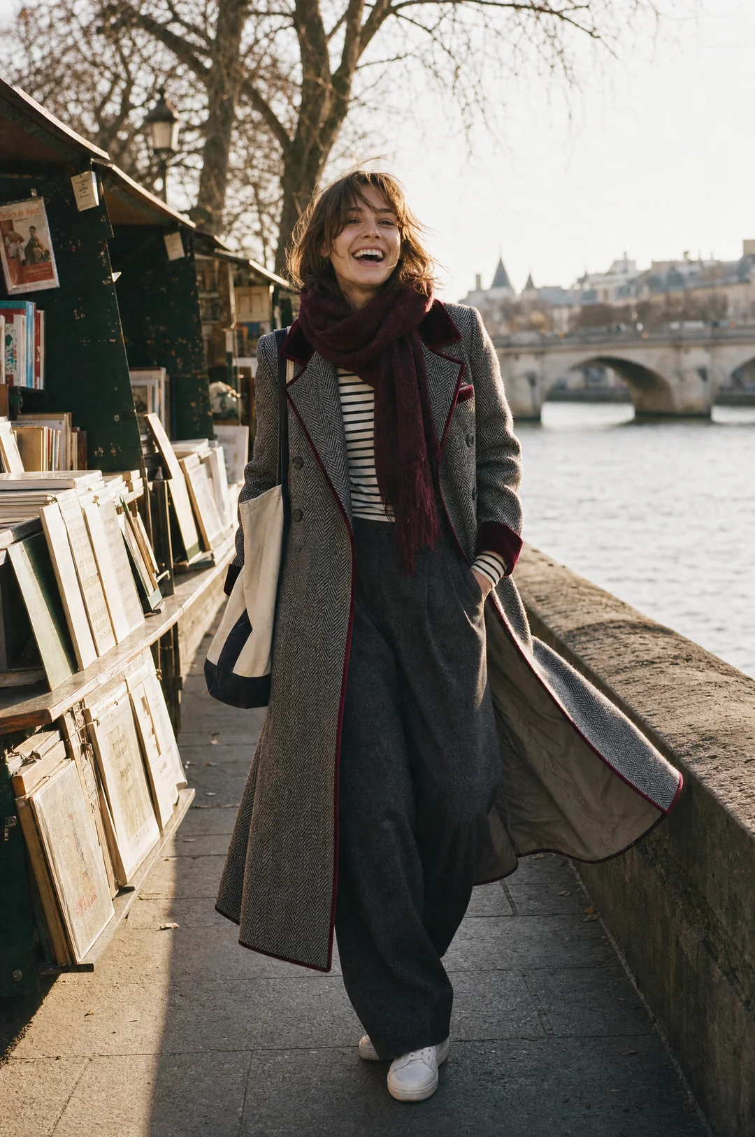 Elegante cappotto lungo in lana a spina di pesce con dettagli in velluto bordeaux