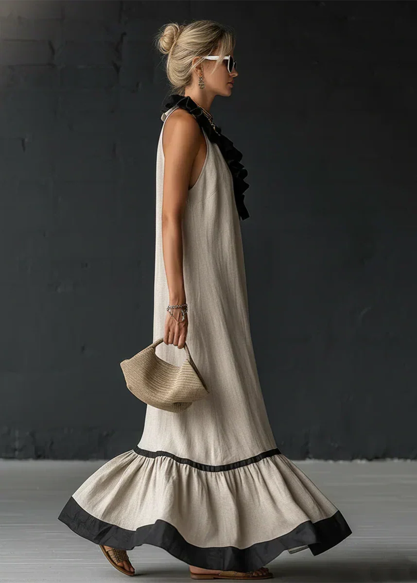Vestido largo de mujer con volantes y cuello halter