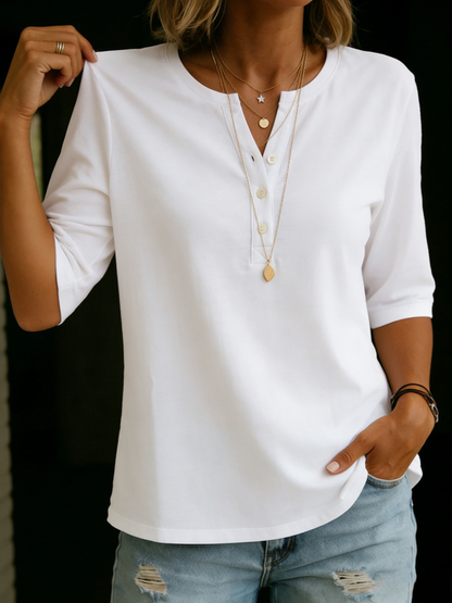 Pilar | Top de algodón con cuello henley y manga tres cuartos