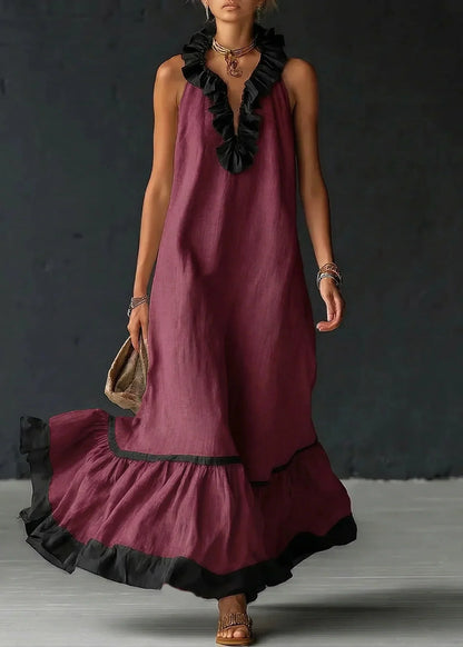 Vestido largo de mujer con volantes y cuello halter